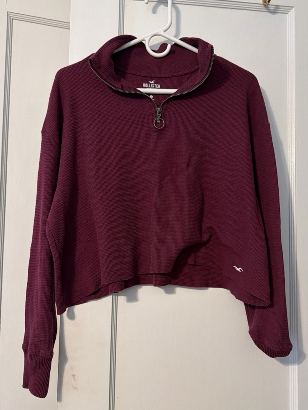 Hollister Women's Burgundy Half-Zip Waffle Knit Cropped Pullover